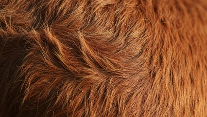 Fototapeta premium Detailed Close-Up of Highland Cattle's Brown Fur, Showing Texture and Warmth for Backgrounds and Textures