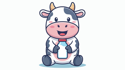 A cute cartoon cow holding a bottle of milk with a happy expression.