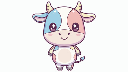 A cute, cartoonish cow with pastel colors and sparkling eyes, standing and looking forward.