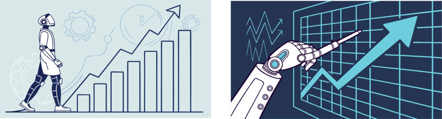 Modern robotics and artificial intelligence business background with glowing gear icons and futuristic data growth concept