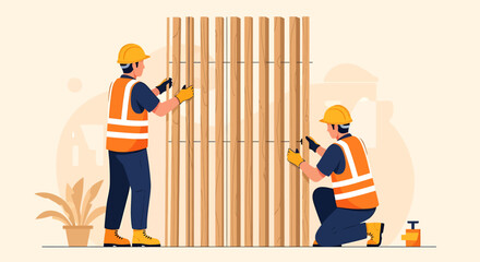 Two construction workers installing wooden slats on a wall.
