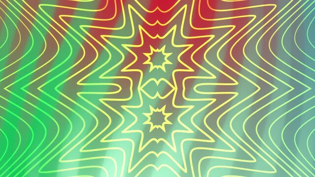 Abstract symmetrical kaleidoscope overlay neon yellow design on green red backdrop, perfect for backgrounds, social media graphics, technology concepts, and modern designs.