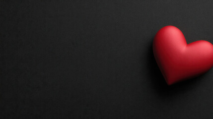 Vibrant red heart rests minimalist black background, creating striking contrast perfect for Valentine Day promotions. simplicity of design allows for ample copy space, evoking feelings of love