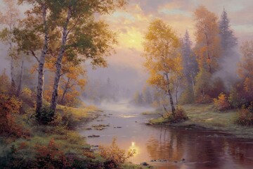 a beautiful autumn landscape with trees, mist, and sun on the river, with a detailed background.