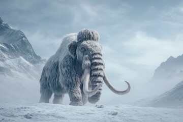 a giant, muscular ice mammoth with long hair and white fur on the top of its back. the creature is standing in snow covered mountains. a misty sky above.