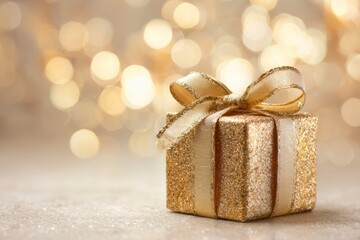 a golden gift box with a ribbon on a shiny background, featuring golden and beige colors, bokeh lights