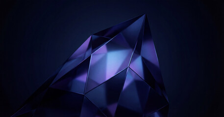 A low-angle view of a geometric crystal structure with facets reflecting light in a dark environment