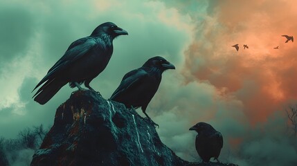 Obraz premium Three crows perched on a rock against a dramatic sky with other birds flying overhead.