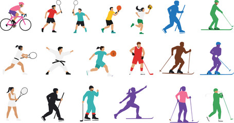 Collection of diverse flat vector illustrations featuring athletes and people participating in various summer and winter sports activities and outdoor recreation.