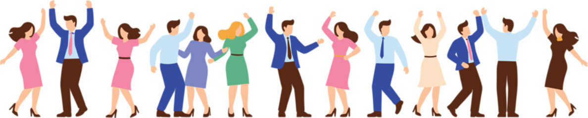 Obraz premium Diverse group of happy business professionals and office employees dancing and celebrating success together in a flat vector illustration.