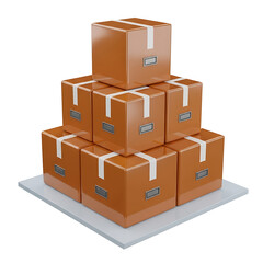 Obraz premium A stack of brown cardboard boxes with white stripes and labels isolated on a white background