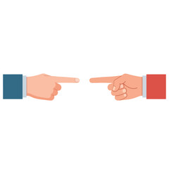 Two distinct hands in contrasting colored cuffs pointing at each other, symbolizing mutual direction, accusation, or a shared focus, rendered in a flat vector illustration style