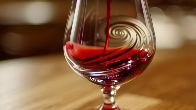 Close-up of a glass of red wine with swirling pattern inside  warm lighting  elegant setting  and artistic composition for VieVinum International Wine Festival