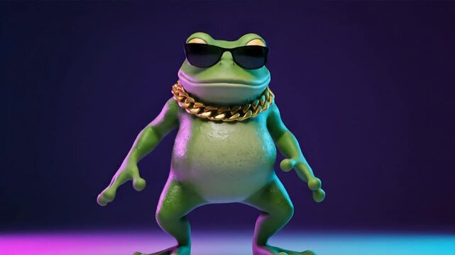 An animated frog wearing sunglasses dances energetically in a vibrant, neon-lit environment viewed from the front.