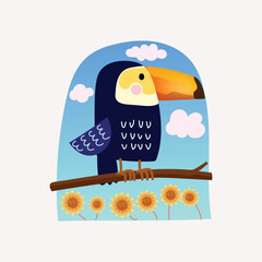 Toucan bird standing on a branch of tree vector illustration. Exotic birds for childrens design of prints, posters, cards.