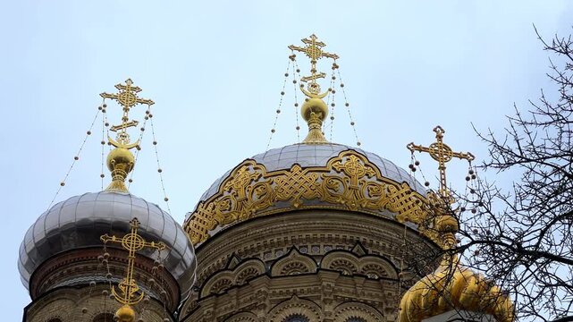 Saint Petersburg, November 26, 2025: Optina Pustyn. The Assumption Compound of the Vvedensky Monastery in winter, on a cloudy day. Vasilyevsky Island, Lieutenant Schmidt Embankment. 4К