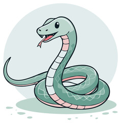 Fototapeta premium Cartoon green snake with pink accents coiled and smiling