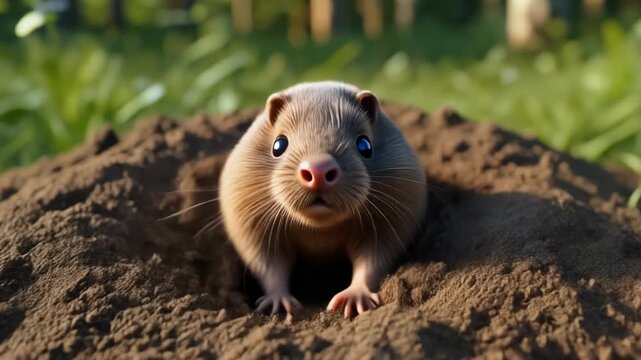 D animation of a small mole emerging from a fresh mound of loose soil. The dirt shifts and c 