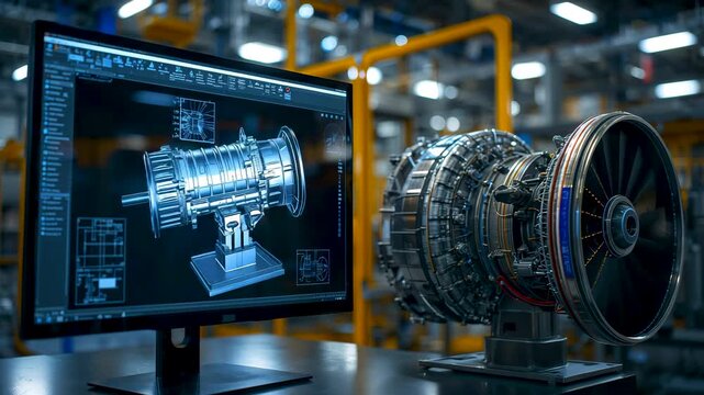 Industrial turbine engine displayed beside computer monitor showing detailed mechanical model inside factory