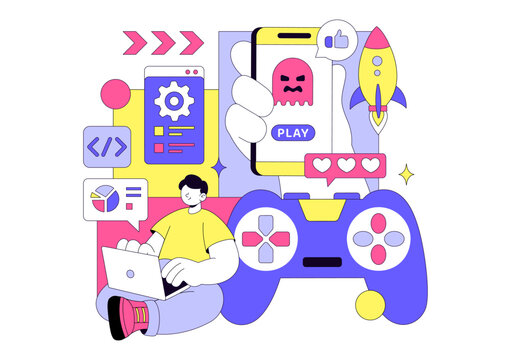 Game Development Vector Illustration Featuring Games, Digital Technology, Programming, and Coding for the Technical Aspects of Creating Video Games