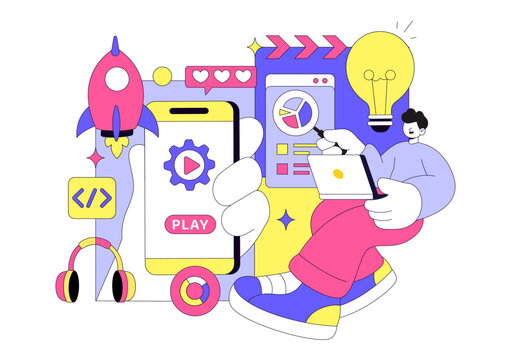 Game Development Vector Illustration Featuring Games, Digital Technology, Programming, and Coding for the Technical Aspects of Creating Video Games