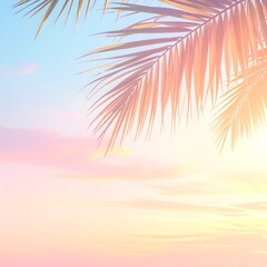 パームリーフとパステルな空が広がる暖かいトロピカルビーチ背景
