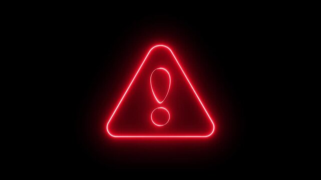 Neon warning attention sign icon animation glowing red color danger error alert risk stop sign emergency sign icon sign symbol on black background