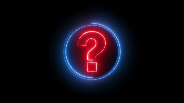 Neon question mark sign icon animation glowing red and blue color confusion mark quiz punctuation mark education exam sign sign symbol on black background