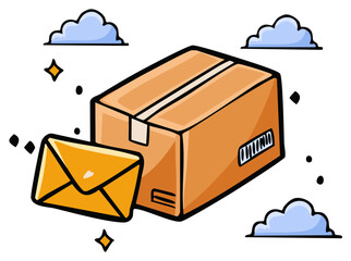 Cartoon illustration of a parcel and a letter with clouds