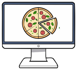 Cartoon Computer Monitor Displaying a Delicious Looking Pizza with a Slice Cut Out
