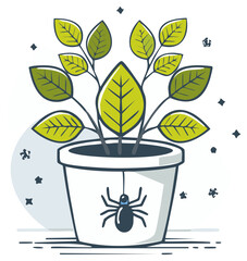Plant with Spider Web Cartoon Illustration of an Indoor Houseplant in Pot