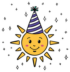 Happy cartoon sun wearing a party hat with sparkling stars celebrating a special occasion