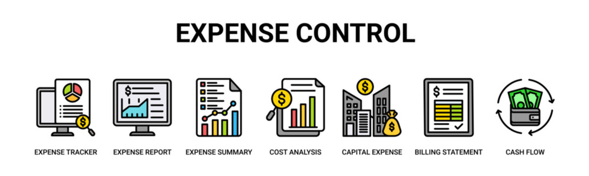 Expense Control web banner icon vector illustration concept with icon of expense tracker, expense report, expense summary, cost analysis, capital expense, billing statement, cash flow.