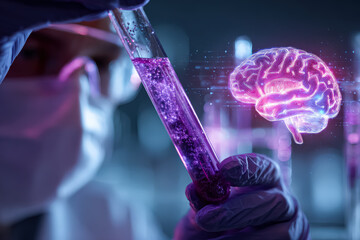 A scientist in a lab coat holds a test tube filled with purple liquid, with a digital brain graphic overlay, symbolizing advanced research in neuroscience.