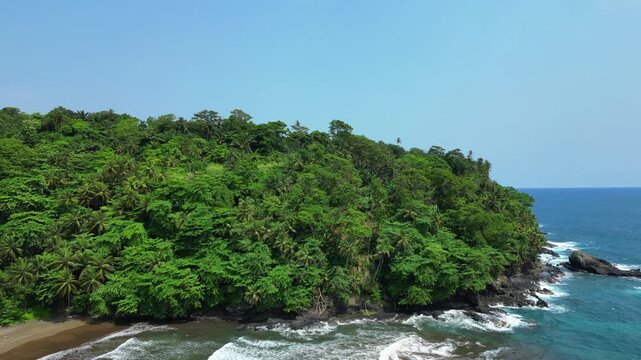Aerial circular view from the coast and the luxury forrest at S&atilde;o Tom&eacute;,Africa
