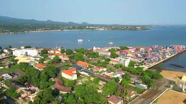 Aerial view from the city of S&atilde;o Tom&eacute; with Ana chaves bay at background, its possibel to see also the port and boats at bay.S&atilde;o Tom&eacute; e Principe,Africa.