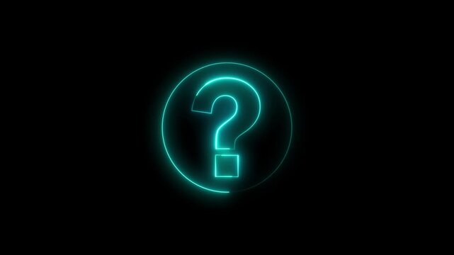 Neon question mark sign icon animation glowing cyan color confusion mark quiz punctuation mark education exam sign sign symbol on black background