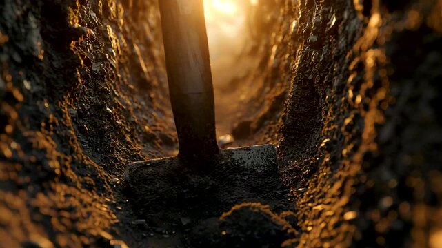 Shovel digging deep narrow hole in soil with sunlight illuminating rough earth walls