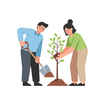 Couple Planting a Tree Together, Environmental Care and Gardening