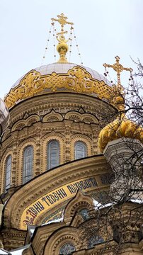 Saint Petersburg, November 26, 2025: Optina Pustyn. The Assumption Compound of the Vvedensky Monastery in winter, on a cloudy day. Vasilyevsky Island, Lieutenant Schmidt Embankment. 4К