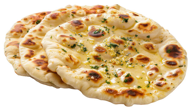 Freshly baked naan bread garnished with herbs, served on a rustic wooden table isolated on white background