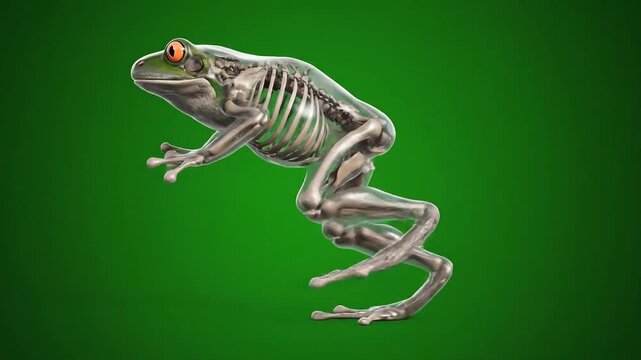An animated frog in mid-dance, its skeletal structure visible against a green backdrop, captured from a dynamic side viewpoint.