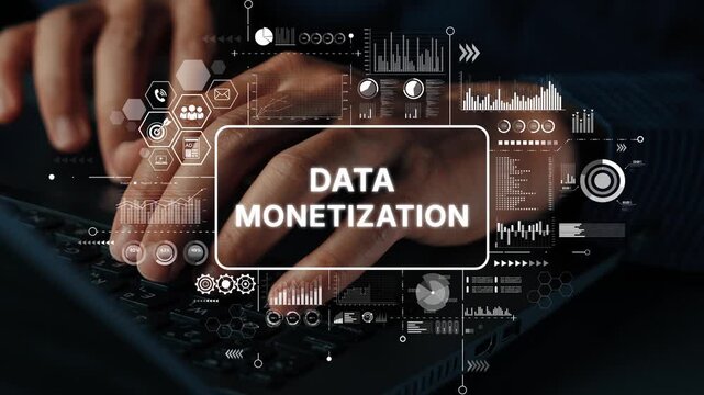Hands Typing on Keyboard with Data Monetization Graphics and Analytics Visualization Concept. Asymptotic smart data analytic.