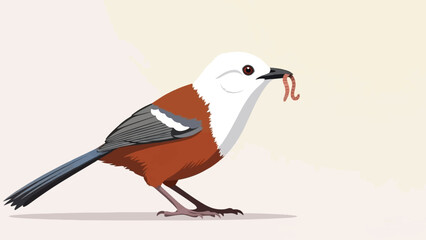 Fototapeta premium A small bird with white and red feathers holds a worm in its beak