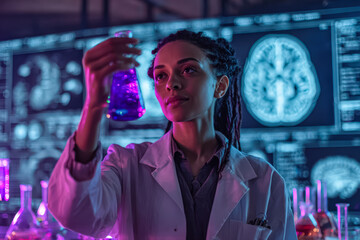 A focused scientist in a lab coat examines a flask with a vibrant purple liquid, surrounded by advanced technology and brain imagery.