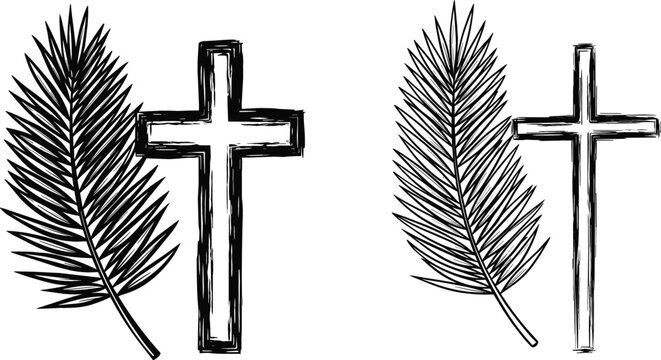 Professional religious vector icon set featuring hand-drawn line art variations of a Christian cross and palm frond.