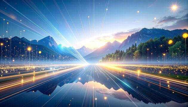 A road with lights and mountains in the background