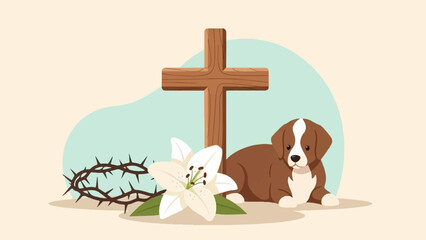 A puppy rests by a cross, lily, and crown of thorns