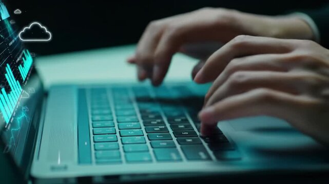 Anonymous hands type with precision on a dark grey laptop. Luminous cyan/blue holographic data visualizations, charts, network diagrams float above. Minimalist, high-tech video. Digital innovation