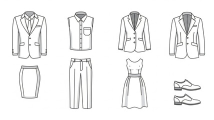 Collection of business attire sketches for men and women.